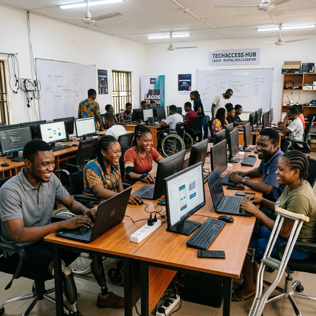 Young Nigerian men and women with disabilities participating in computer coding workshop